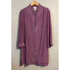 Yi Lin Womens Tunic Size 1X Purple Floral Embroidered Silk Mandarin Collar Artsy